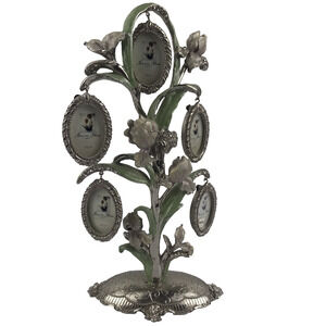 Ashleigh Manor 5 Frame Family Photo Tree Pewter Rhinestone Enamel Floral Flower